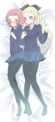 Rule 34 | 10s, 2girls, aaru (kerogero1582), assam (girls und panzer), bed sheet, black neckwear, black pantyhose, black ribbon, blonde hair, blue eyes, blue skirt, blue sweater, blush, brown eyes, closed mouth, commentary, dakimakura (medium), dress shirt, full body, girls und panzer, hair pulled back, hair ribbon, highres, light frown, locked arms, long hair, long sleeves, looking at another, looking at viewer, lying, miniskirt, multiple girls, necktie, no emblem, no shoes, on back, on bed, on side, pantyhose, pleated skirt, red hair, ribbon, rosehip (girls und panzer), school uniform, shirt, short hair, skirt, smile, st. gloriana&#039;s school uniform, sweater, v-neck, white shirt, wing collar, yuri