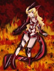 Rule 34 | 1girl, bare shoulders, blonde hair, blush, breasts, cleavage, commission, costume, crossover, dragon, dragon tail, fire, full body, hikariangelove, large breasts, open mouth, red-eyes alternative black dragon, red background, red eyes, rwby, solo, tail, thighs, yang xiao long, yu-gi-oh!
