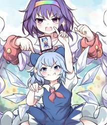 Rule 34 | &gt;:), 2girls, absurdres, arm up, bare arms, blue bow, blue dress, blue eyes, blue hair, blush, bow, chibi, chibi inset, cirno, collarbone, collared shirt, commentary request, dress, fairy, grin, hair between eyes, hair bow, hands up, highres, ice, ice wings, juliet sleeves, laoshezhang, light blue hair, light blush, long sleeves, looking up, medium hair, multiple girls, neckerchief, open mouth, outdoors, patchwork clothes, picture frame, pointing, pointing down, pointing up, puffy short sleeves, puffy sleeves, purple eyes, purple hair, rainbow hairband, red neckerchief, red sleeves, shirt, short sleeves, smile, sparkle, split mouth, teeth, tenkyuu chimata, thighhighs, touhou, unconnected marketeers, v-shaped eyebrows, white shirt, white sleeves, white thighhighs, wings