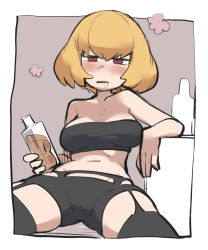 Rule 34 | alcohol, arm support, bandeau, black bandeau, black shorts, black thighhighs, blonde hair, blush, bottle, brown eyes, clementine (overlord), drunk, framed, garter belt, garter straps, highres, holding, holding bottle, navel, no nose, open mouth, overlord (maruyama), reclining, short hair, shorts, stomach, thighhighs, tirarizun