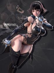 Rule 34 | 1girl, absurdres, adapted costume, bandits, black hair, black scarf, black thighhighs, breasts, brown eyes, cleavage, corset, elbow spikes, garter straps, gloves, highres, large breasts, niijima makoto, persona, persona 5, revealing clothes, scarf, short hair, shoulder spikes, smile, solo, spiked kneepads, spiked knuckles, spikes, strap, thighhighs