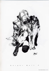 Rule 34 | 1girl, absurdres, animal, arm support, artbook, barefoot, boots, breasts, cleavage, coat, concept art, fingerless gloves, gloves, greyscale, hair over one eye, highres, konami, long coat, long hair, medium breasts, metal gear (series), metal gear solid, monochrome, official art, scan, shinkawa youji, shoes, sitting, sniper wolf, solo, thighhighs, wolf