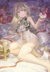Rule 34 | 1girl, bed, blonde hair, breasts, cake, cleavage, cleavage cutout, clothing cutout, food, fujie-yz, highres, large breasts, mythra (xenoblade), panties, solo, sweets, underwear, xenoblade chronicles (series), xenoblade chronicles 2, yellow eyes