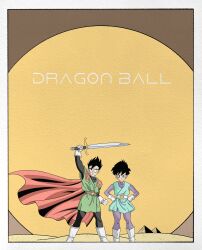 Rule 34 | 1boy, 1girl, black hair, cape, dragon ball, dragonball z, dune: part two, dune (series), highres, holding, holding sword, holding weapon, parody, red cape, sand, short hair, son gohan, sun, sword, videl, weapon, wesatinthecar