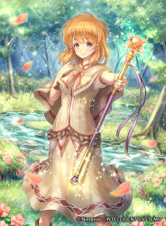 Rule 34 | 1girl, bow, bowtie, brown eyes, brown hair, capelet, company connection, copyright name, day, dress, fire emblem, fire emblem: genealogy of the holy war, fire emblem cipher, flower, forest, hand on own chest, highres, holding, holding staff, lake, lana (fire emblem), looking at viewer, naka (2133455), nature, nintendo, official art, outdoors, petals, short hair, short sleeves, smile, solo, sparkle, staff