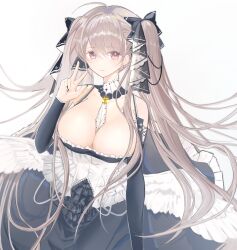 Rule 34 | 1girl, absurdres, azur lane, bare shoulders, between breasts, black dress, black nails, breasts, cleavage, clothing cutout, dress, formidable (azur lane), frilled dress, frills, gothic lolita, grey background, grey hair, hair ribbon, highres, large breasts, lolita fashion, long hair, nail polish, necktie, necktie between breasts, panbamoot, red eyes, ribbon, shoulder cutout, simple background, solo, twintails, two-tone dress, two-tone ribbon, v, very long hair