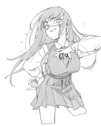 Rule 34 | 1girl, absurdres, breasts, chainsaw man, collared shirt, cropped legs, cross scar, dress, facial scar, floating hair, greyscale, hand on own chest, hand on own hip, highres, long hair, long sleeves, looking at viewer, monochrome, neck ribbon, parted lips, pinafore dress, pleated skirt, ribbon, ringed eyes, sake goroke, scar, scar on cheek, scar on face, shirt, simple background, skirt, sleeveless, sleeveless dress, smile, solo, white background, yoru (chainsaw man)