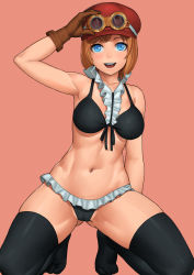Rule 34 | 1girl, :d, arm at side, bare shoulders, between breasts, bikini, black bikini, black thighhighs, blue eyes, blush, breasts, brown gloves, cameltoe, collarbone, detached collar, frills, front-tie bikini top, front-tie top, gloves, gluteal fold, goggles, goggles on headwear, hat, kneeling, koala (one piece), lasterk, looking at viewer, medium breasts, navel, no shoes, one piece, open mouth, red background, red hat, shade, short hair, simple background, smile, solo, stomach, swept bangs, swimsuit, thighhighs, toned