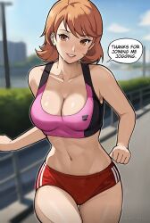 Rule 34 | 1girl, blue sky, blurry, blurry background, breasts, brown eyes, brown hair, buruma, cleavage, collarbone, commentary, commentary request, day, english commentary, highres, lepypepy, medium breasts, mixed-language commentary, navel, outdoors, persona, persona 3, red buruma, running, short hair, sky, smile, solo, sports bra, stomach, takeba yukari