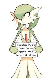Rule 34 | blush, bob cut, colored skin, creatures (company), dress, english text, game freak, gardevoir, gen 3 pokemon, green hair, hair over one eye, highres, holding, holding sign, looking to the side, multicolored skin, nintendo, pokemon, pokemon (creature), sally (luna-arts), sign, sign around neck, simple background, sweatdrop, turn pale, two-tone skin, white background, white dress, white skin