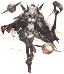 Rule 34 | 1girl, abyssal ship, armor, bow (weapon), breasts, cape, enemy aircraft (kancolle), european armored aircraft carrier princess, full body, glowing, glowing eye, highres, holding, holding bow (weapon), holding weapon, kantai collection, konishi (koconatu), large breasts, long hair, official art, pale skin, solo, torn cape, torn clothes, transparent background, weapon, white hair, yellow eyes