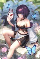 Rule 34 | 1girl, animal, bare shoulders, bell, blue butterfly, blue eyes, blunt bangs, blurry, blush, breasts, bug, butterfly, cleavage, collar, collarbone, copyright request, dappled sunlight, day, depth of field, flower, fox mask, from above, gem, grass, highres, holding, holding mask, insect, japanese clothes, jingle bell, kimono, knee up, looking at viewer, mask, unworn mask, medium breasts, midriff, miniskirt, nature, navel, off shoulder, on ground, outdoors, pink flower, purple hair, sash, short hair, sitting, skirt, skirt set, sleeves past wrists, soaking feet, stone, sunlight, suraimu (suraimuraimu), water, water lily flower