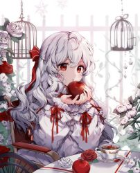 Rule 34 | 1girl, apple, birdcage, bow, cage, cup, food, frills, fruit, grey hair, hair bow, half updo, holding, holding food, holding fruit, long hair, long sleeves, looking at viewer, original, parted lips, pillo, plate, red bow, red eyes, saucer, sitting, solo, table, tea, teacup, wavy hair, wheelchair