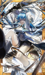 Rule 34 | 1girl, absurdres, arknights, arms up, bare legs, black footwear, black shorts, blue eyes, blue hair, boots, breasts, commentary request, highres, horns, jacket, legs, ling (arknights), long hair, looking at viewer, navel, necktie, open mouth, parted lips, ponytail, shirt, short shorts, shorts, thighs, white jacket, white shirt, yo-ba yo