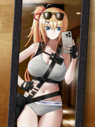 Rule 34 | 1girl, absurdres, ahoge, bag, black gloves, blonde hair, blue eyes, bra, breasts, calvin klein, cellphone, cleavage, closed mouth, commentary, commission, english commentary, eyewear on head, fingerless gloves, girls&#039; frontline, gloves, grey bra, grey panties, hair ribbon, highres, holding, holding phone, kalina (girls&#039; frontline), long hair, looking at phone, mirror, o o (ywsm2327), one side up, panties, phone, pouch, red ribbon, reflection, ribbon, selfie, smartphone, solo, sunglasses, underwear
