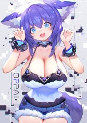 Rule 34 | 1girl, animal ear fluff, animal ears, bare shoulders, blue eyes, breasts, cleavage, copyright request, cowboy shot, denim, denim shorts, ears down, highres, huge breasts, large breasts, looking at viewer, mamuru, open mouth, paw pose, purple hair, short shorts, shorts, smile, solo, standing, tagme, tail, thick thighs, thighs