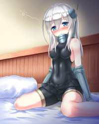 Rule 34 | 10s, 1girl, :o, bare shoulders, bed, blue eyes, blush, breasts, cameltoe, colored eyelashes, covered erect nipples, covered navel, full body, gorget, hair between eyes, headgear, highres, impossible clothes, indoors, kantai collection, kyamu (qqea92z9n), long hair, looking at viewer, md5 mismatch, military, military uniform, no headwear, off shoulder, on bed, open mouth, pee, peeing, peeing self, pillow, pleated skirt, radio antenna, resolution mismatch, sitting, skin tight, skirt, small breasts, solo, source smaller, spread legs, tears, u-511 (kancolle), uniform, unitard, wariza, white hair