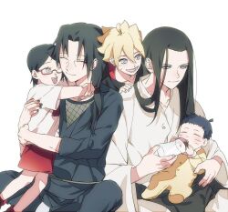 Rule 34 | arms around neck, baby, baby bottle, black hair, black nails, black pants, black shirt, blonde hair, blue eyes, boruto: naruto next generations, bottle, brother and sister, child, closed eyes, closed mouth, drinking, facial mark, family, fishnet top, fishnets, glasses, grey eyes, hair between eyes, hand on another&#039;s shoulder, holding baby, hyuuga neji, itachi3413, jewelry, long hair, long sleeves, nail polish, naruto (series), necklace, one eye closed, onesie, open mouth, pants, parted bangs, red shorts, shirt, short hair, shorts, siblings, smile, spiked hair, t-shirt, topknot, uchiha itachi, uchiha sarada, uncle and nephew, uncle and niece, upper body, uzumaki boruto, uzumaki himawari, whisker markings, white background, white eyes, white shirt, wide sleeves