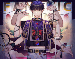 Rule 34 | 1boy, ball, blunt bangs, bracelet, chain, chain leash, cloud, earrings, extra arms, holding, holding ball, holding wand, jewelry, leash, looking at viewer, m/g, male focus, original, ring, sanpaku, short hair, solo, tassel, tassel earrings, tattoo, tsurime, upper body, wand, weighing scale