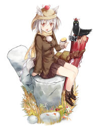 Rule 34 | 1girl, :o, alternate costume, animal, animal ears, bare legs, bird, blush, breasts, brown eyes, casual, clothes lift, crow, crumbs, eating, efe, expressionless, female focus, food, food on face, hat, inubashiri momiji, looking at viewer, mushroom, nature, open mouth, revision, scarf, shameimaru aya, shameimaru aya (crow), sitting, skirt, skirt lift, solo, stone, sweet potato, tail, tokin hat, touhou, wolf ears, wolf tail