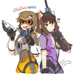 Rule 34 | !?, 2girls, alternate hairstyle, animal ears, artist name, asterisk (idolmaster), bad id, bad pixiv id, black gloves, bodysuit, breasts, brown hair, cat ears, cat tail, chest harness, cleavage, cleavage cutout, clothing cutout, cosplay, gloves, goggles, green eyes, gun, harness, headgear, headphones, headphones around neck, idolmaster, idolmaster cinderella girls, ilhi, looking at viewer, maekawa miku, multiple girls, overwatch, overwatch 1, parody, pun, rifle, short hair, simple background, sketch, sniper rifle, sweat, tada riina, tail, tracer (overwatch), tracer (overwatch) (cosplay), visor, weapon, white background, widowmaker (overwatch), widowmaker (overwatch) (cosplay)