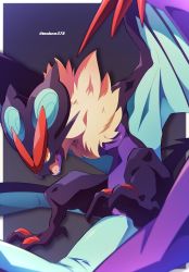 Rule 34 | bad id, bad twitter id, border, commentary request, creatures (company), fang, game freak, gen 6 pokemon, highres, jacknaiff, looking at viewer, nintendo, no humans, noivern, open mouth, outside border, pokemon, pokemon (creature), solo, tongue, white border, yellow eyes, yellow fur