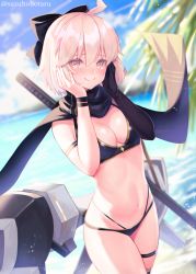 Rule 34 | 1girl, ahoge, bare shoulders, beach, bikini, black bikini, black bow, black gloves, black scarf, blonde hair, blue sky, blush, bow, breasts, cleavage, closed mouth, day, fate/grand order, fate (series), gloves, grey eyes, hair bow, hands on own cheeks, hands on own face, highleg, highleg bikini, katana, large breasts, looking at viewer, medium breasts, multi-strapped bikini, navel, ocean, okita j. souji (fate), okita j. souji (first ascension) (fate), okita souji (fate), okita souji (koha-ace), scarf, short hair, single glove, sky, smile, solo, suzuho hotaru, swimsuit, sword, thigh strap, thighs, weapon