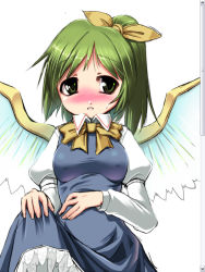 Rule 34 | 1girl, blush, bow, breasts, clothes lift, daiyousei, embarrassed, fake scrollbar, female focus, green hair, hair bow, hair ribbon, long hair, long sleeves, ribbon, side ponytail, skirt, skirt lift, solo, sweatdrop, touhou, white background, wings, you naka