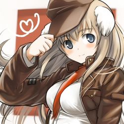 Rule 34 | 1girl, adjusting clothes, adjusting headwear, animal ears, blue eyes, blush, breasts, brown hair, hat, jacket, large breasts, leather, leather jacket, long hair, sandwich (artist), smile, solo, strike witches, strike witches: katayoku no majo-tachi, tsuchii (ramakifrau), wilma bishop, world witches series