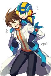 Rule 34 | 2boys, aged up, blush, brown eyes, brown hair, capcom, carrying, commentary request, dated, green eyes, hair between eyes, helmet, iroyopon, lab coat, lan hikari (mega man), long sleeves, male focus, mega man (series), mega man battle network, mega man battle network (series), megaman.exe, multiple boys, netnavi, one eye closed, open mouth, piggyback, signature, simple background, white background