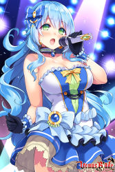 Rule 34 | bare shoulders, blue hair, blush, bow, breasts, choker, cleavage, collarbone, cowboy shot, dress, frills, gloves, green eyes, hair bow, highres, hisen kaede, large breasts, long hair, looking at viewer, microphone, official art, open mouth, solo, strapless, strapless dress, sweat, venus blade