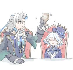 Rule 34 | 1boy, 1girl, arm up, ascot, balancing, blue hair, brooch, chair, closed eyes, closed mouth, coat, cowlick, cup, drooling, frilled sleeves, frills, furina (genshin impact), genshin impact, gloves, grey eyes, grey hair, hand rest, hat, height difference, highres, himeko (nico6v6pachi), jewelry, long hair, long sleeves, looking at object, mouth drool, multicolored hair, neuvillette (genshin impact), on chair, parted lips, pointy ears, sleeping, top hat, two-tone hair, white hair