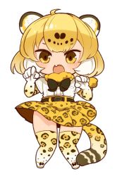Rule 34 | 1girl, animal ears, animal print, bangs, bare shoulders, belt, black bow, blonde hair, bow, bowtie, breasts, character request, chibi, dress, elbow gloves, full body, fur collar, gloves, jaguar (kemono friends), jaguar ears, jaguar print, jaguar tail, kemono friends, leopard print, looking at viewer, mota, multicolored hair, open mouth, pleated skirt, short hair, simple background, skirt, smile, solo, tail, thighhighs, white background, yellow eyes, zettai ryouiki