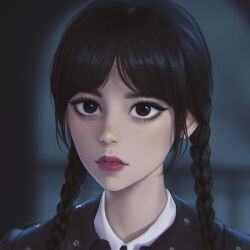 Rule 34 | 1girl, addams family, black eyes, black hair, blurry, blurry background, braid, highres, lips, long hair, looking at viewer, parted bangs, portrait, solo, twin braids, umigraphics, wednesday (netflix), wednesday addams