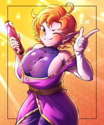 Rule 34 | 1girl, absurdres, blush, breasts, chronoa, cleavage, colored skin, dragon ball, dragonball z, dress, earrings, highres, jewelry, koiketowarrior, large breasts, long ears, one eye closed, pants, pink hair, pink skin, pointy ears, scroll, shirt, short hair, sideboob, smile, supreme kai of time, wink