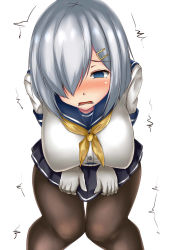 Rule 34 | 1girl, black pantyhose, blue eyes, blue sailor collar, blue skirt, blush, breasts, embarrassed, empty eyes, female focus, gloves, hair ornament, hair over one eye, hairclip, half-closed eyes, hamakaze (kancolle), have to pee, jpeg artifacts, kantai collection, knees together feet apart, large breasts, leaning forward, neckerchief, nose blush, open mouth, pantyhose, pleated skirt, sailor collar, school uniform, serafuku, shirt, short hair, short sleeves, silver hair, simple background, skirt, skirt grab, solo, standing, tears, teeth, terakoya, trembling, white background, white gloves, white shirt, yellow neckerchief