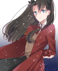 Rule 34 | 1girl, bad id, bad pixiv id, black hair, blue eyes, coat, fate/stay night, fate/unlimited blade works, fate (series), homurahara academy school uniform, long hair, red coat, ribbon, school uniform, smile, solo, suzuko (star8383), tohsaka rin, twintails, two side up