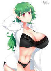 Rule 34 | 1girl, abs, bad anatomy, black bra, black panties, bra, breasts, cleavage, commentary request, foreshortening, green hair, hand in own hair, huge breasts, kazami yuuka, kazami yuuka (pc-98), long hair, long sleeves, looking at viewer, mattari yufi, navel, open clothes, open shirt, panties, red eyes, shadow, shiny skin, shirt, smile, solo, touhou, translation request, underwear, upper body, white background, white shirt
