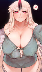 Rule 34 | 1girl, abyssal ship, alternate costume, breasts, colored skin, covered erect nipples, grey sweater, heart, highres, horns, huge breasts, kantai collection, long hair, long sleeves, looking at viewer, red eyes, ribbed sweater, seaport princess, single horn, solo, speech bubble, spoken heart, sweater, uni (oni unicorn), very long hair, white hair, white skin
