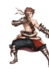 Rule 34 | 10s, 1boy, alpha transparency, armor, armored boots, belt, boots, brown eyes, brown hair, full body, gauntlets, gran (granblue fantasy), granblue fantasy, grappler (granblue fantasy), headband, legs apart, male focus, minaba hideo, official art, topless male, short hair, solo, transparent background, wide stance