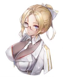 Rule 34 | 1girl, between breasts, blonde hair, blue eyes, breasts, chinese commentary, closed mouth, commentary request, cropped torso, detached collar, glasses, hair ribbon, highres, kuza brs, large breasts, looking at viewer, necktie, necktie between breasts, ribbon, short hair, simple background, solo, upper body, warship girls r, white background, white necktie, white ribbon