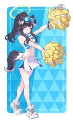 Rule 34 | 1girl, absurdres, animal ears, bare shoulders, black hair, blue archive, blue background, blush, breasts, cheerleader, crop top, dog ears, dog girl, dog tail, eyewear on head, full body, gasekun, halo, hibiki (blue archive), hibiki (cheer squad) (blue archive), highres, holding, holding pom poms, long hair, looking at viewer, midriff, millennium cheerleader outfit (blue archive), miniskirt, navel, pom pom (cheerleading), pom poms, ponytail, shirt, shoes, skirt, sleeveless, sneakers, solo, tail, white footwear, white skirt