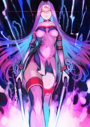 Rule 34 | 1girl, aura, belt collar, blue hair, breasts, closed mouth, collar, colored inner hair, doushimasho, dress, dual wielding, fate/stay night, fate (series), feet out of frame, glowing, glowing eyes, highres, holding, long hair, looking at viewer, medium breasts, medusa (fate), medusa (rider) (fate), multicolored hair, purple dress, purple hair, purple thighhighs, short dress, solo, square pupils, standing, strapless, strapless dress, thighhighs, very long hair, yellow eyes