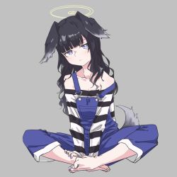 Rule 34 | 1girl, alternate costume, animal ears, barefoot, black hair, blue archive, blunt bangs, blush, closed mouth, collarbone, dog ears, dog girl, dog tail, full body, grey background, halo, hibiki (blue archive), highres, jitome, long hair, long sleeves, looking at viewer, off-shoulder shirt, off shoulder, overalls, purple eyes, shirt, simple background, sitting, solo, strap slip, striped clothes, striped shirt, tail, vividnatadecoco