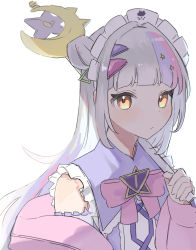 Rule 34 | 1girl, absurdres, bow, bowtie, closed mouth, commentary request, crescent moon, dress, expressionless, grey hair, hair bun, highres, holding, holding staff, hololive, jacket, long hair, looking at viewer, moon, multicolored hair, murasaki shion, murasaki shion (magical girl maid), off shoulder, oisiimizu, orange eyes, pink bow, pink bowtie, pink hair, pink jacket, purple dress, purple hair, side bun, simple background, single side bun, sleeveless, sleeveless dress, solo, staff, star (symbol), streaked hair, upper body, virtual youtuber, white background