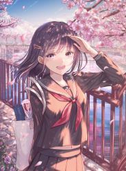 Rule 34 | 1girl, :d, arm up, bag, black hair, black sailor collar, black serafuku, black shirt, black skirt, blush, branch, breasts, cherry blossoms, day, flower, hair flower, hair ornament, hairclip, highres, kinom (sculpturesky), long hair, long sleeves, looking at viewer, neckerchief, open mouth, original, outdoors, petals, pink flower, pleated skirt, railing, red flower, red neckerchief, red rose, rose, round teeth, sailor collar, school uniform, serafuku, shirt, skirt, small breasts, smile, solo, teeth, upper teeth only, water
