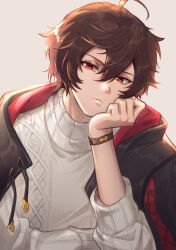 Rule 34 | 1boy, ahoge, backlighting, bishounen, black jacket, bracelet, brown hair, commentary, english commentary, expressionless, granblue fantasy, hair between eyes, hand on own chin, hood, hood down, jacket, jacket on shoulders, jewelry, looking at viewer, male focus, official alternate costume, red eyes, ribbed sweater, sandalphon (granblue fantasy), sandalphon (valentine) (granblue fantasy), short hair, simple background, sweater, turtleneck, turtleneck sweater, yoshihi co