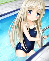 Rule 34 | 1girl, blue eyes, blue one-piece swimsuit, blush, brown hair, covered navel, highres, kud wafter, ladder, little busters!, long hair, noumi kudryavka, one-piece swimsuit, outdoors, partially submerged, pool, resolution mismatch, school swimsuit, smile, solo, source smaller, swimsuit, thighs, water