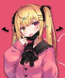Rule 34 | 1girl, bandaid, bandaid on neck, barbell piercing, bat wings, black mask, blonde hair, buttons, commentary request, detached wings, ear piercing, fang, fingernails, hair ornament, hairclip, heart button, highres, hoshikawa sara, industrial piercing, long sleeves, looking at viewer, mask, mask pull, mini wings, mouth mask, nijisanji, open mouth, piercing, pink background, pink eyes, pink sweater, sakura saki (sakurasaki0129), simple background, solo, sweater, twintails, vampire (vocaloid), virtual youtuber, vocaloid, wings, x hair ornament