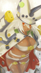 Rule 34 | 1girl, akahuzi, artist name, bad id, bad pixiv id, blush, breasts, cleavage, dark-skinned female, dark skin, guilty gear, hat, highres, large breasts, long hair, looking at viewer, parted lips, ramlethal valentine, red eyes, solo, twitter username, white hair, white hat